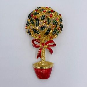 Vintage Topiary Brooch Pin Gold Tone Green and Red Enamel